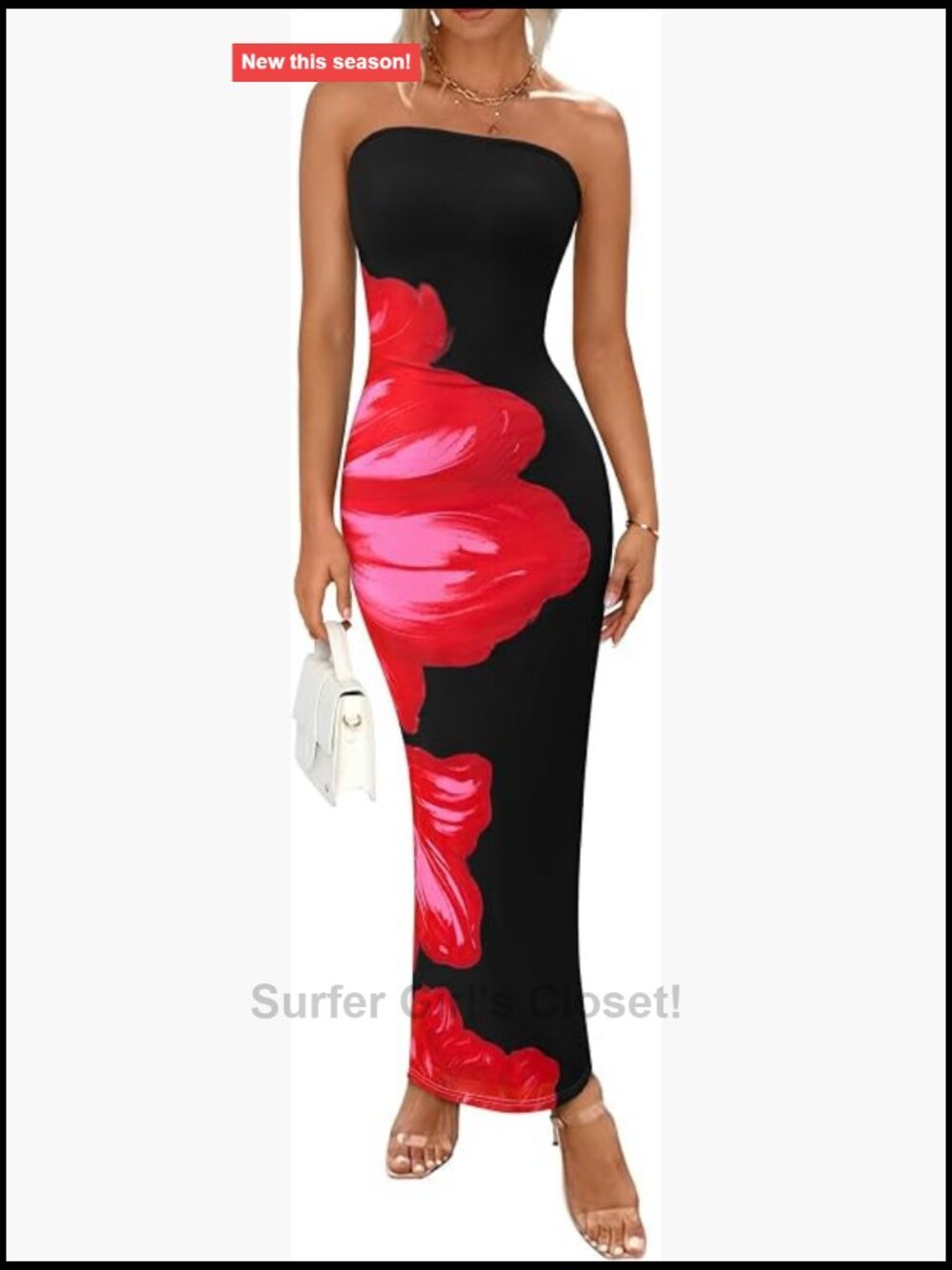 Strapless Floral Maxi Bodycon Dress Mesh Sleeveless Fitted Slit Summer